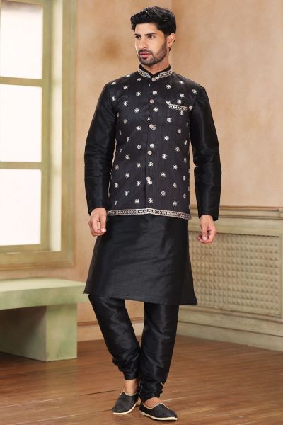 Black Jaquard Banarasi Silk Nehru Jacket (NMK-6911)