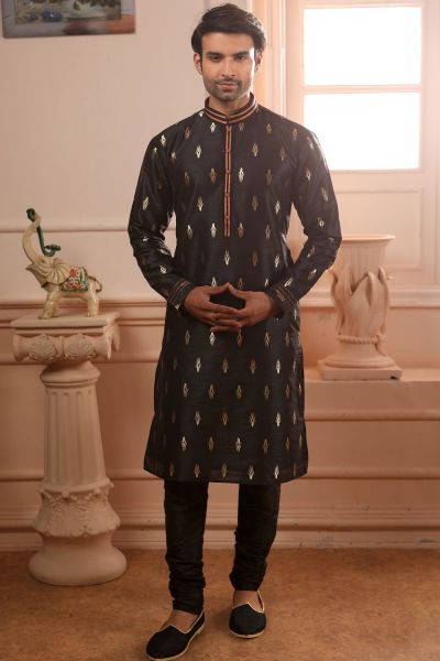 Black Jaquard Silk Brocade Kurta Pajama (NMK-4508)