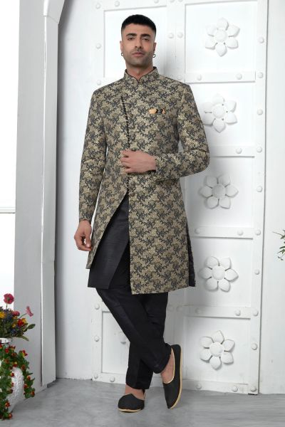 Black Jaquard Silk Indo Western (NMK-7181)