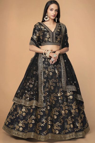 Black Slub Silk Lehenga Choli (NWG-1390)