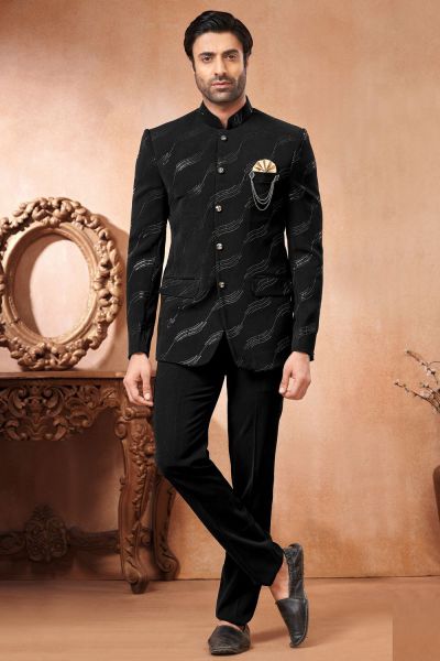 Black Synthetic Bandhgala Jodhpuri (NMK-7231)