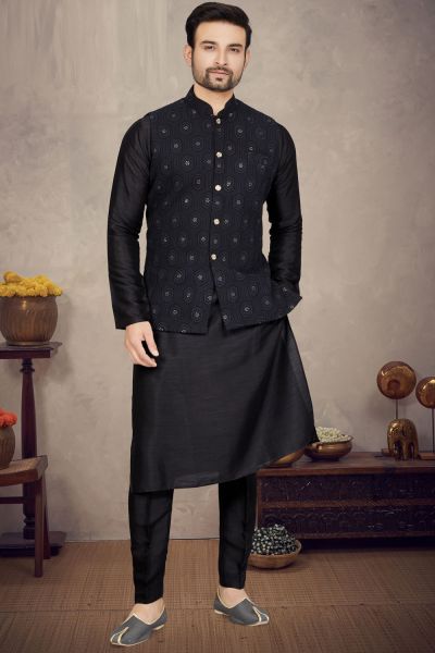 Buy Black Tussar Silk Mens Nehru Jacket NMK 6974 Online