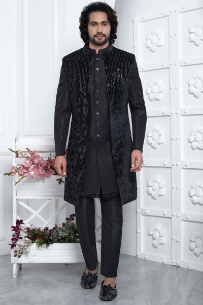 Black Velvet Silk 3 piece Jacket Set (NMK-7868)