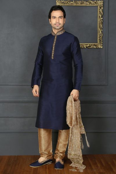 Blue Art Banarasi Silk Designer Kurtas for Men (NMK-3675)