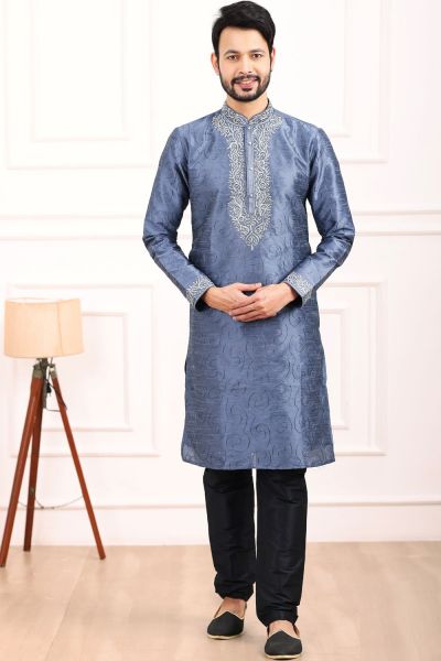 Blue Art Banarasi Silk Kurta Pajama for Men (NMK-7011)