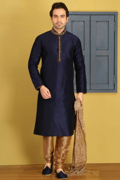 Blue Art Banarasi Silk Kurtas for Men (NMK-3686)