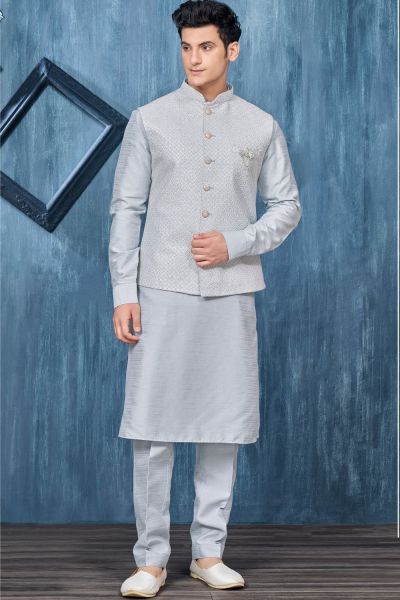 Blue Art Banarasi Silk Nehru Jacket (NMK-7356)