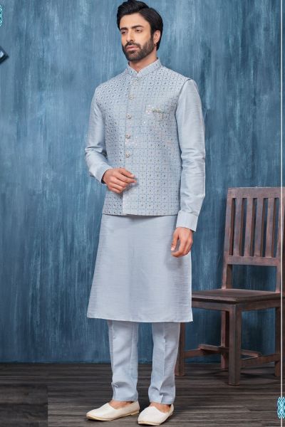 Blue Art Banarasi Silk Nehru Jacket (NMK-7406)