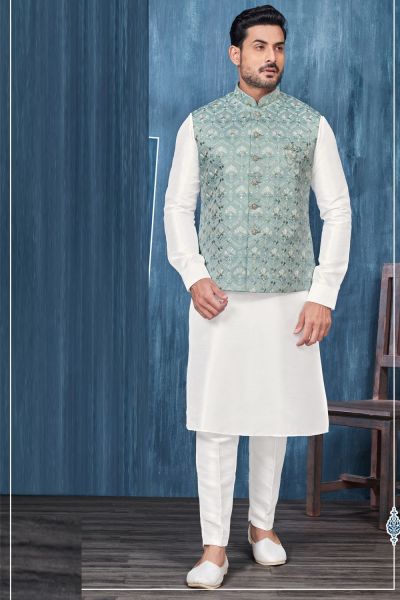 Blue Art Banarasi Silk Nehru Jacket (NMK-7431)