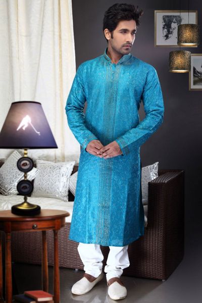 Blue Art Dupion Kurta Pajama for Men (NMK-1468)