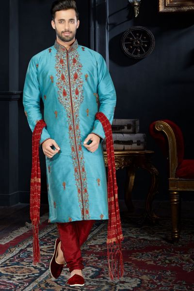 Blue Art Dupion Kurta Pajama (NMK-3407)