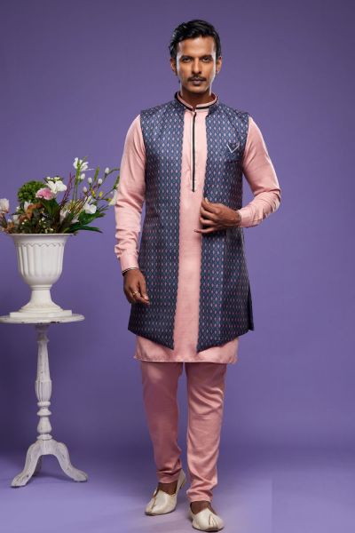 Blue Art Silk Digital Printed Jacket Kurta (NMK-7083)