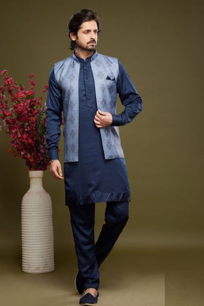 Blue Art Silk Digital Printed Jacket Kurta (NMK-7091)