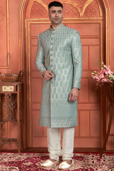 Blue Art Silk Grooms Sherwani (NMK-7897)