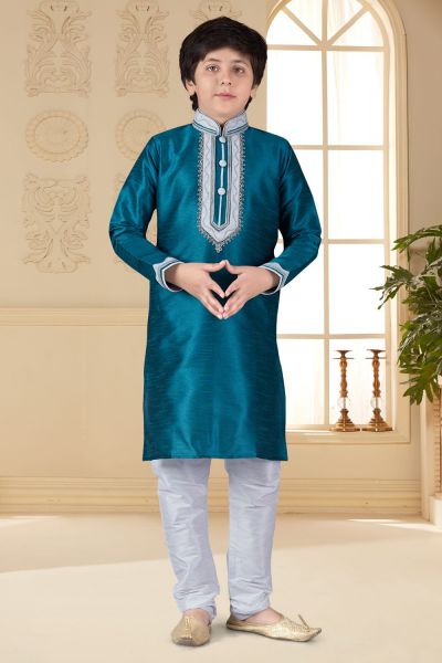 Blue Art Silk Kids Kurta Pajama (NKK-657)