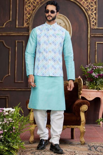 Blue Art Silk Nehru Jacket for Mens (NMK-7948)