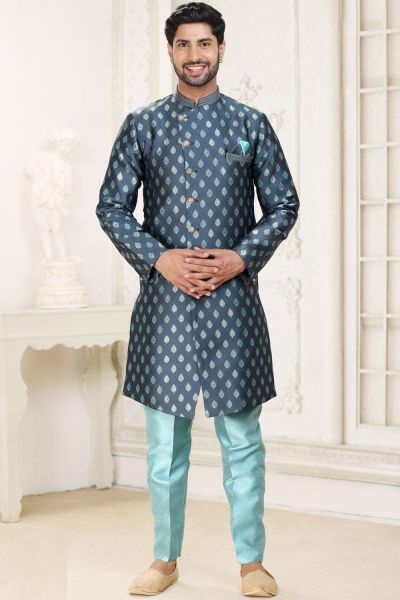 Blue Banarasi Jaquard Indo Western (NMK-6890)