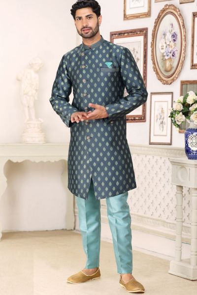 Blue Banarasi Jaquard Mens Indo Western (NMK-6888)