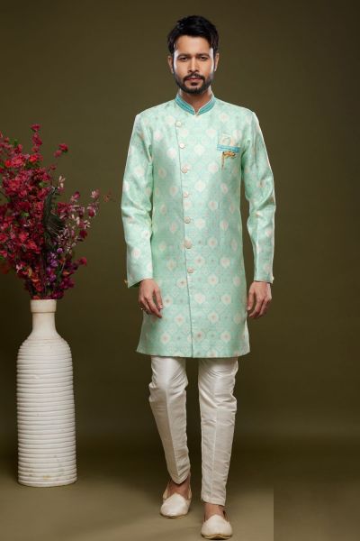 Blue Banarasi Jaquard Mens Indo Western (NMK-6993)