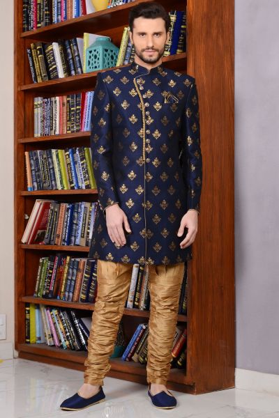 Blue Banarasi Silk Brocade Indo western for Men (NMK-3519)