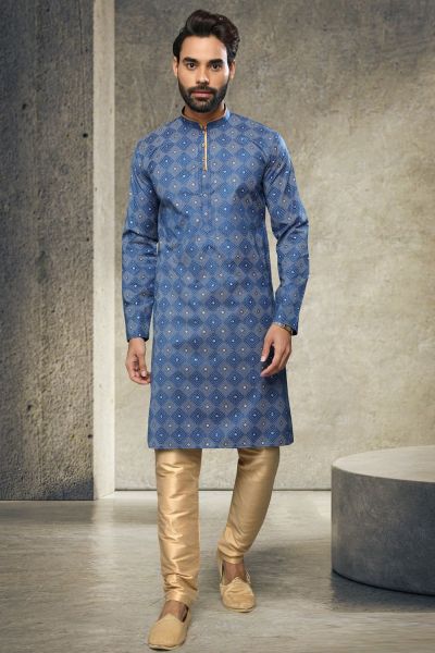 Blue Cotton Mens Kurta Pyjama (NMK-6165)