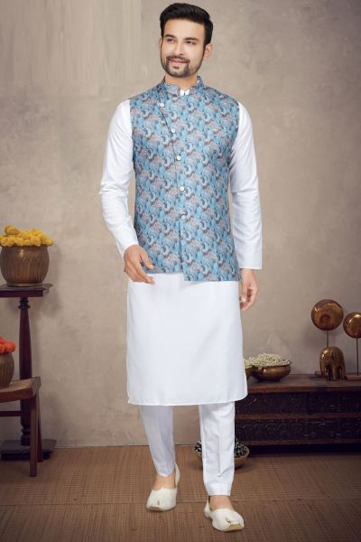 Blue Cotton Mens Nehru Jacket (NMK-6946)