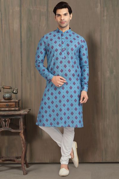 Blue Cotton Printed Kurta Pajama (NMK-5716)