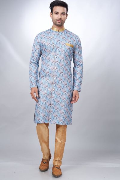 Blue Cotton Printed Mens Indo Western (NMK-6929)