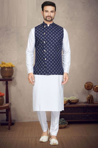 Blue Cotton Printed Mens Nehru Jacket (NMK-6948)