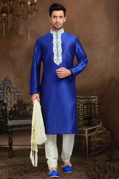 Blue Dupion Art Silk Designer Kurta Pajama (NMK-3059)