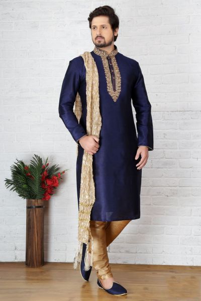 Blue Dupion Art Silk Kurtas for Men (NMK-3707)