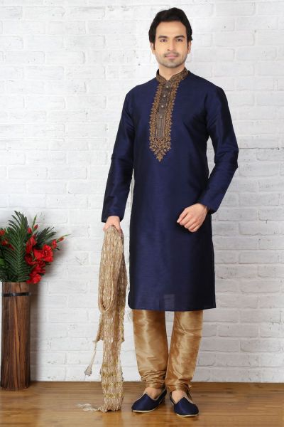 Blue Dupion Art Silk Mens Casual Kurta Pajama (NMK-3703)