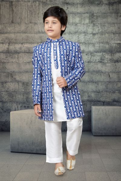 Blue Embroidered Long Jacket Boys Kurta Pajama (NKK-801)