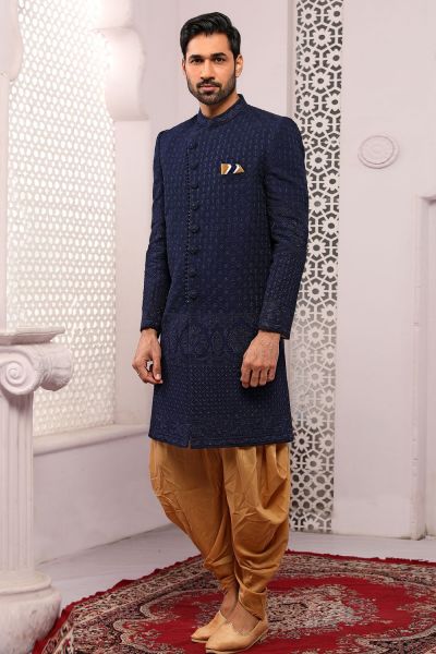 Blue Georgette Lucknowi Mens Sherwani (NMK-5574)