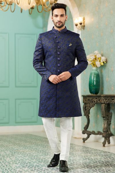 Blue Imported Jaquard Silk Indo Western (NMK-7144)