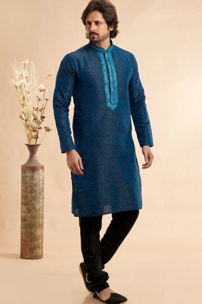 Blue Jaquard Art Silk Kurta Pajama for Men (NMK-7914)