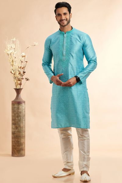 Blue Jaquard Art Silk Kurta Pajama (NMK-7904)