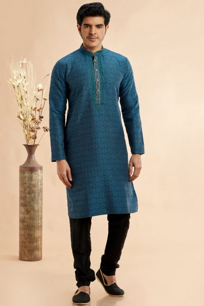 Blue Jaquard Art Silk Mens Kurta (NMK-7917)