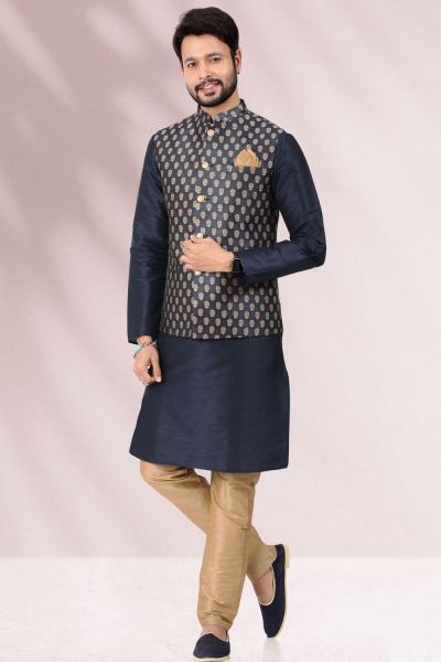 Blue Jaquard Banarasi Silk Nehru Jacket (NMK-6686)