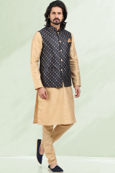 Blue Jaquard Nehru Jacket for Mens (NMK-6689)