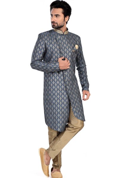 Blue Jaquard Semi Silk Brocade Indo Western (NMK-8097)