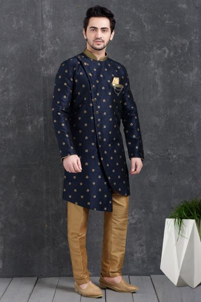 Blue Jaquard Silk Brocade Indo Western Kurta for Men (NMK-5017)