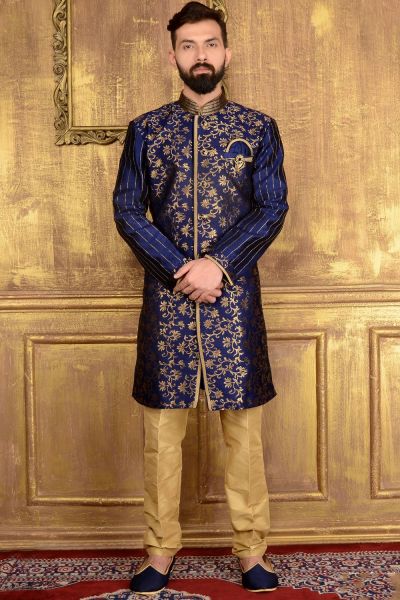 Blue Jaquard Silk Brocade Indo western (NMK-3577)