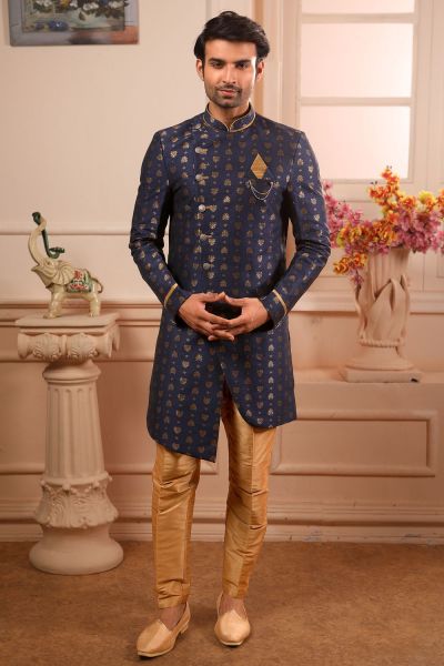 Blue Jaquard Silk Brocade Indo Western (NMK-4442)