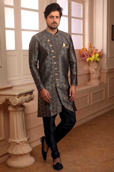 Blue Jaquard Silk Brocade Indo Western (NMK-4455)