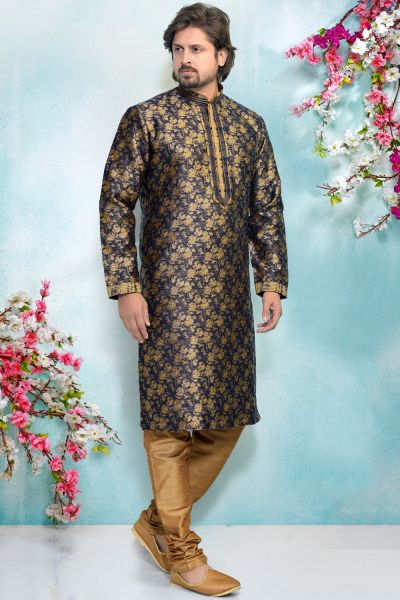 Blue Jaquard Silk Brocade Kurta Pajama (NMK-4893)