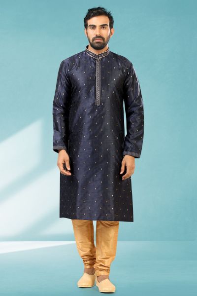 Blue Jaquard Silk Brocade Kurta Pajama (NMK-5193)