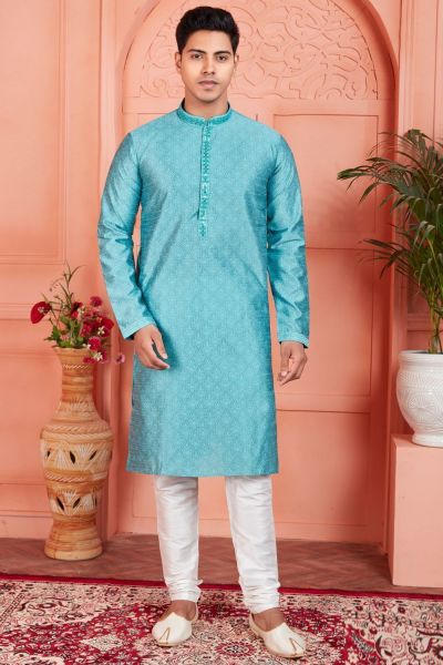 Blue Jaquard Silk Brocade Kurtas for Men (NMK-7758)