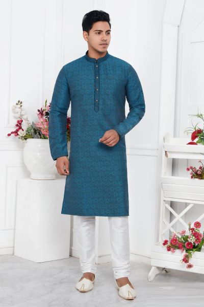 Blue Jaquard Silk Brocade Mens Kurta (NMK-7746)