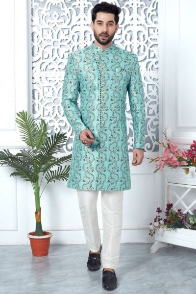 Blue Jaquard Silk Indo Western for Men (NMK-7193)